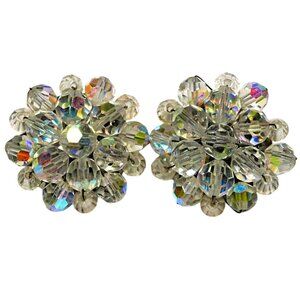 Vintage Aurora Borealis Clip-On Earrings 1.25" Crystal Cluster Mid-Century Style